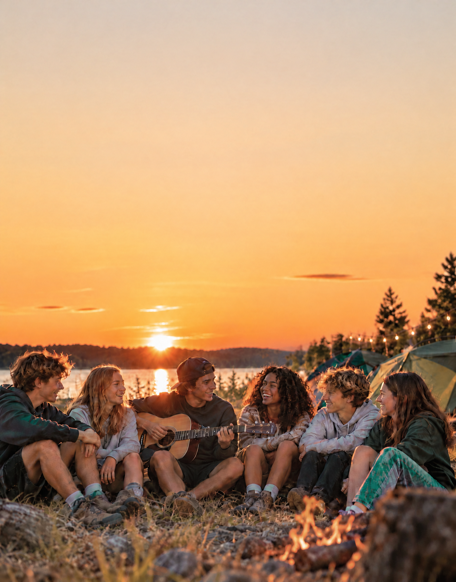 Jugendliche mit einer Gitarre am Lagerfeuer bei Sonnenuntergang